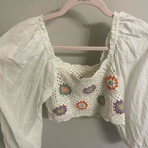 Aerie White Crochet Floral Blouse